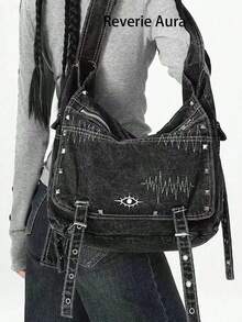 حقيبة كروس بودي جينز بطراز Y2K الرجعي، بطراز هيب هوب جرانج، حقيبة كتف بسعة كبيرة بطراز بانك الشارع، مناسبة للاستخدام اليومي والعمل والمدرسة. سعة كبيرة لاستيعاب الكتب والأجهزة المحمولة وما إلى ذلك. - الأسود - مشاهدة 1