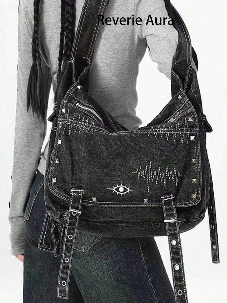 حقيبة كروس بودي جينز بطراز Y2K الرجعي، بطراز هيب هوب جرانج، حقيبة كتف بسعة كبيرة بطراز بانك الشارع، مناسبة للاستخدام اليومي والعمل والمدرسة. سعة كبيرة لاستيعاب الكتب والأجهزة المحمولة وما إلى ذلك. - الأسود - مشاهدة 1