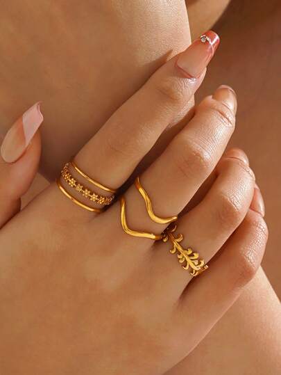 3pcs/Set Stainless Steel 18K Gold Plated Floral Line Personalized Hip Hop Rings Set, Suitable For Women Daily Wear And Party