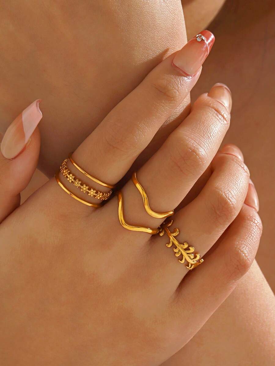 3pcs/Set Stainless Steel 18K Gold Plated Floral Line Personalized Hip Hop Rings Set, Suitable For Women Daily Wear And Party