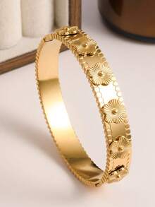 3pcs/1pc Fashion Flower & Clover Stainless Steel Bangle Bracelet Set, Golden, Elegant, Versatile, Suitable For Women, Girls, Daily Wear, Festivals, Weddings, Parties, Gifts For Wife, Daughter, Friend, Sister - Gold - View 5