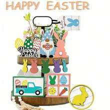 13-Piece Happy Easter Egg Bunny Wooden Tiered Tray Decorations Set, Easter Decor, Holiday Home Decor Living Room, Dining Table Centerpiece, Room Decor, Easter Gift - Multicolor - View 8