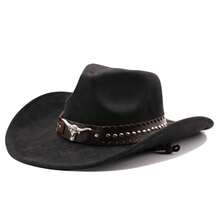 1pc Unisex Faux Suede Denim Hat, Leather Decor, New Retro Cyberpunk Boho Style Adjustable Wide Brim Cap, Fashionable Street Style, Gift For Men, Suitable For Parties, Western Themed Events, Gatherings, Cosplay, Graduation Ceremonies, Masquerade Balls, Festivals, Birthdays, Music Festivals, Hiking And More - Top Hat - View 12