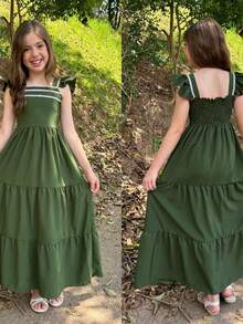 Teen Girls' Long Dress – Teen Long Dress - Sicanha Style With Princess Sleeves For Girls And Teenagers | Teen Long Dress With Sicanha Detail On The Bust | Teen Dress For Parties, Events, Outings And Special Occasions | Stylish, Modern And Comfortable Piece | Available In Sizes 10, 12, 14 And 16 | Various Colors: Red, Pink, Hot Pink, Navy Blue, Lavender, White, Green And Light Blue | Long Dress With Layered Skirt, Three-Tier Style, Light And Perfect For Photos | Ideal For Festive Looks, Everyday Looks, Summer Looks, Casual Looks And Dressy Looks | High Quality Teen Children's Fashion | Exclusive To Lili Thor Kids | Comfortable, Cool And Durable Fabric | Delicate Style With Super Charming Princess Sleeves | Perfect For Gifting And Delighting | Long Dress For Girls Who Like Style And Elegance | Lili Thor Kids Teen Children's Fashion - xanh quân đội - Xem 1