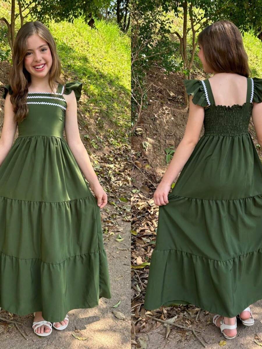 Teen Girls' Long Dress – Teen Long Dress - Sicanha Style With Princess Sleeves For Girls And Teenagers | Teen Long Dress With Sicanha Detail On The Bust | Teen Dress For Parties, Events, Outings And Special Occasions | Stylish, Modern And Comfortable Piece | Available In Sizes 10, 12, 14 And 16 | Various Colors: Red, Pink, Hot Pink, Navy Blue, Lavender, White, Green And Light Blue | Long Dress With Layered Skirt, Three-Tier Style, Light And Perfect For Photos | Ideal For Festive Looks, Everyday Looks, Summer Looks, Casual Looks And Dressy Looks | High Quality Teen Children's Fashion | Exclusive To Lili Thor Kids | Comfortable, Cool And Durable Fabric | Delicate Style With Super Charming Princess Sleeves | Perfect For Gifting And Delighting | Long Dress For Girls Who Like Style And Elegance | Lili Thor Kids Teen Children's Fashion - xanh quân đội - Xem 1