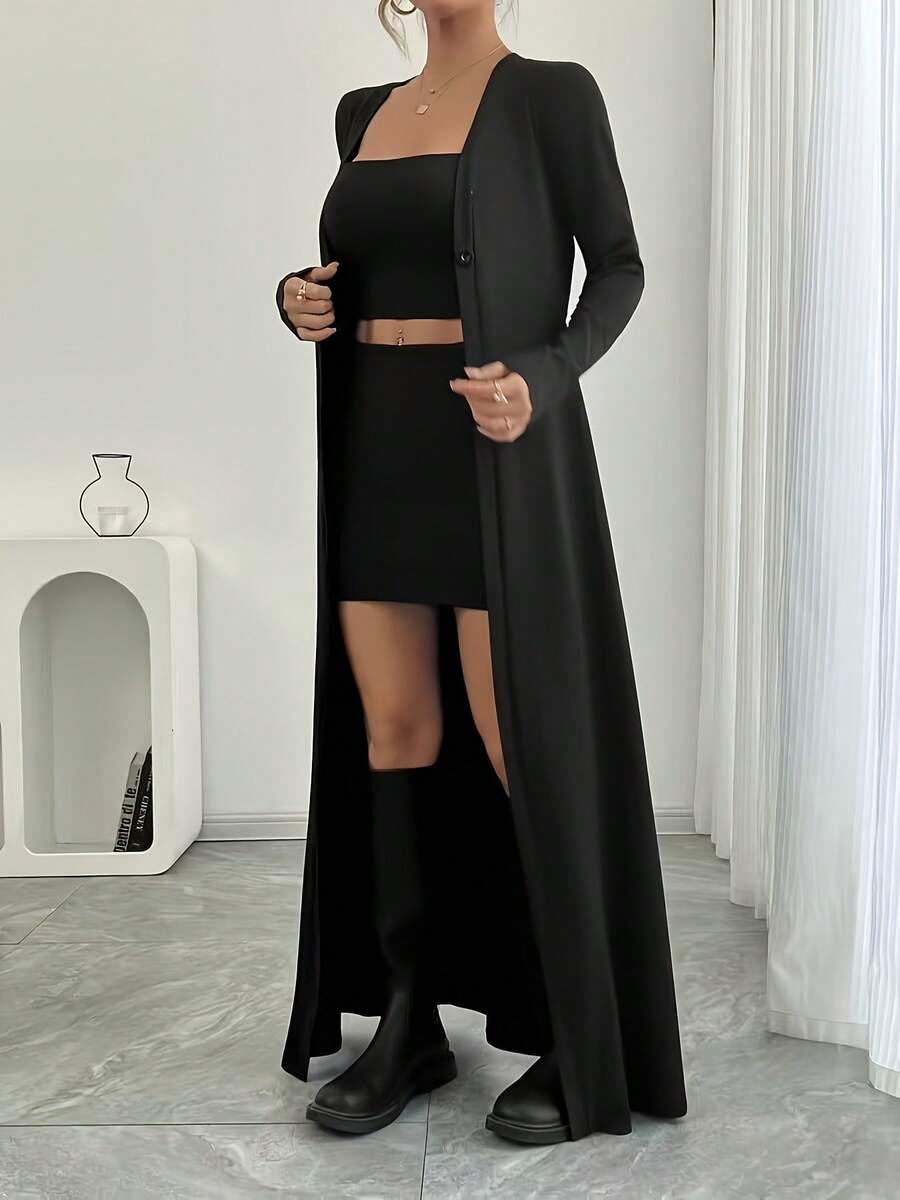 Cárdigan largo de ajuste ceñido de manga larga con botones, de unicolor y versátil, para mujer de talla grande, color negro, para primavera