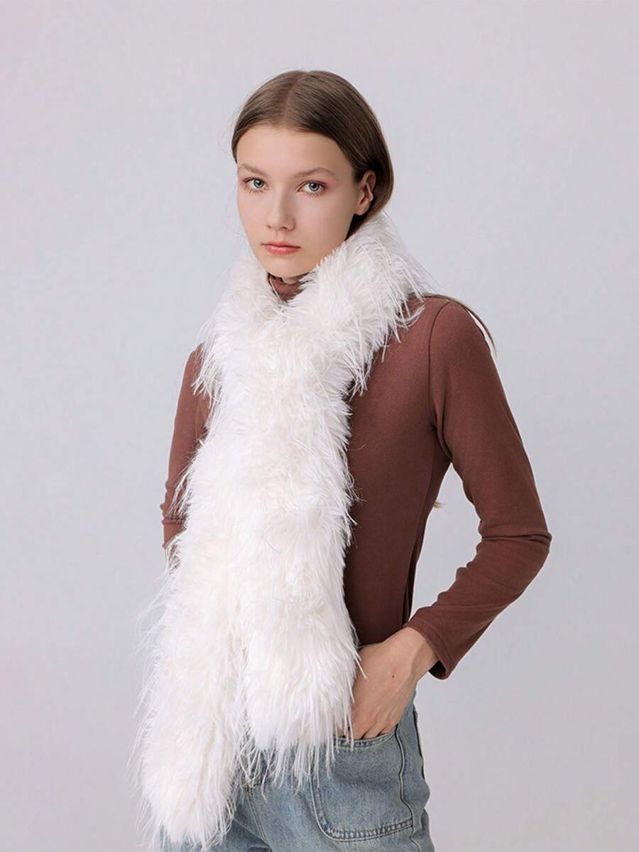 1pc Women's Solid Color Thick Warm Fuzzy Scarf, High-Quality Personalized Chic Stage Vibe Solid Color Thick Neck Warmer Fur Shawl, Fashion Versatile Cosplay Outfit Accessory, Y2K Style - Turkey Feather - View 1