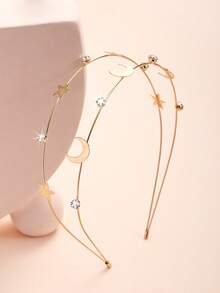 1pc Star & Moon Headband, Girls Back To School Gold Star & Moon Shiny Rhinestone Five-Pointed Star Hair Accessory - Gold - View 1