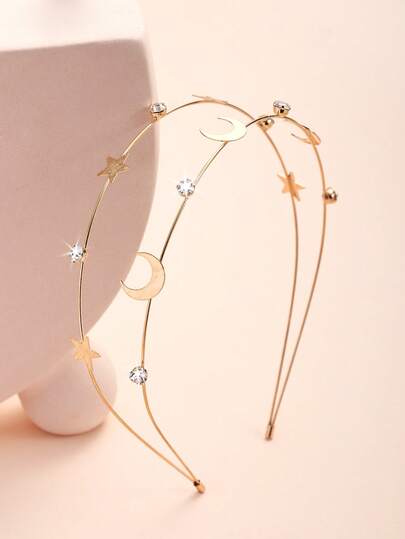 1pc Star & Moon Headband, Girls Back To School Gold Star & Moon Shiny Rhinestone Five-Pointed Star Hair Accessory