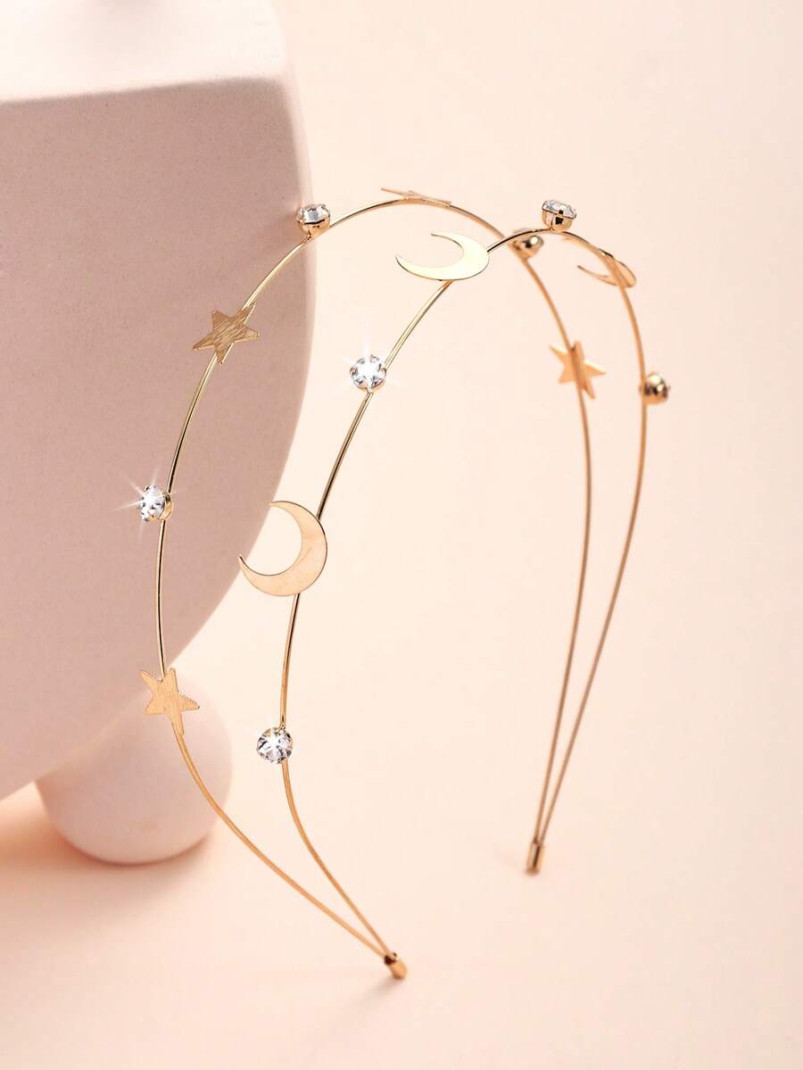 1pc Star & Moon Headband, Girls Back To School Gold Star & Moon Shiny Rhinestone Five-Pointed Star Hair Accessory - Gold - View 1
