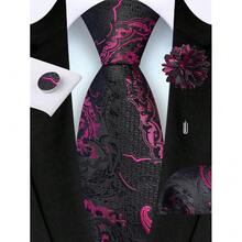 GUSLESON 8cm Paisley Tie Set For Men Necktie Lapel Pin Pocket Square Cufflinks Set For Men,Black/HotPink - Black/HotPink - View 3