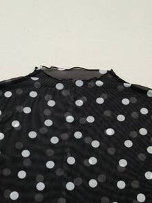 Acelitt Camiseta de manga larga con cuello alto y ajuste ceñido con lunares negros de malla elegante para mujer, casual de primavera para vacaciones - Negro - Ver 6