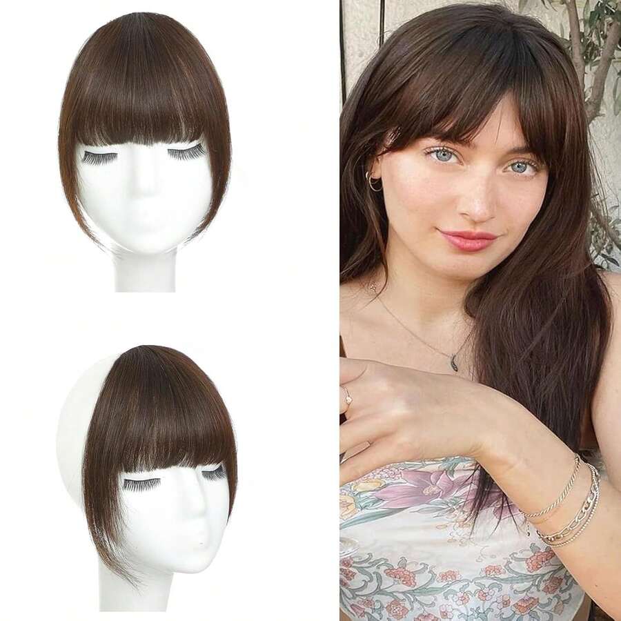 Clip-In Hair Bangs Extensions,With Invisible Clips Airy French And Air Bangs Thin Hair With Temple Coverage For Women Curved Bangs Easy To Style For Daily Wear (Dark Brown1, French Bangs),38547312 - Dark Brown - 查看 1