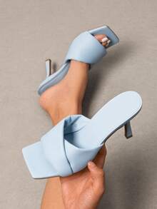 Women Minimalist Summer Heeled Mule Sandals, Fashion Stiletto Square Open Toe Heeled Sandals - Màu xanh nhạt - Xem 3
