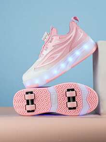 儿童/青少年四轮滑冰鞋，男女童四轮滑冰鞋，小型四轮滑冰鞋，LED可充电发光鞋 - 粉色 - 查看 2