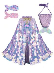 4 Peças Conjunto de Capa de Sereia Princesa com Lantejoulas, Capa com Lantejoulas, Presilha de Cabelo, Acessórios de Cauda, Conjunto de Fantasia de Princesa, Adequado para Fantasias, Páscoa, Halloween, Aniversário, Natal, Festa, Também um Pequeno Presente para Amigos - Capa grande de lantejoulas + grampo de cabelo + bolsa estilo rabo de peixe - Visão 3
