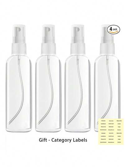 4个/1个，3.38盎司（约100毫升）TSA认证旅行喷雾瓶 - 细雾，防漏，可重复使用塑料容器，适用于化妆品、精油、洗发水、洗手液和防晒霜，低致敏性，不含PVC，透明二次包装，配有白色泵头和喷嘴，是旅行和居家使用的理想之选，旅行乳液瓶