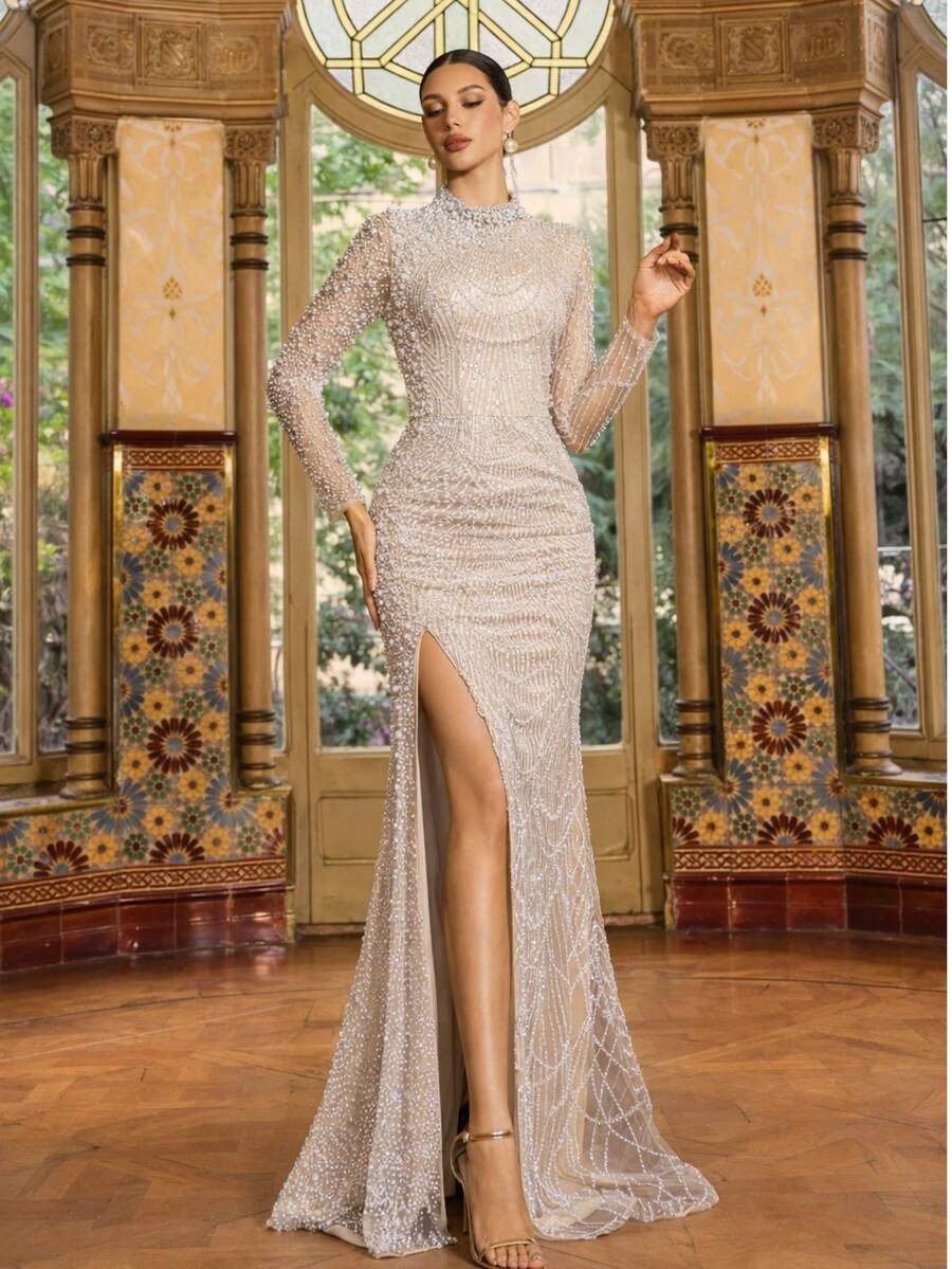Đầm đuôi cá dài tay cổ cao đính cườm - Đầm dạ hội lấp lánh, thích hợp cho đám cưới, tiệc tùng, thảm đỏ, năm mới, Giáng sinh | Đầm đính sequin ôm sát và dài đến sàn, xẻ tà bên hông | Đầm dạ hội và dự tiệc thanh lịch mùa xuân - Rượu sâm banh - Xem 1