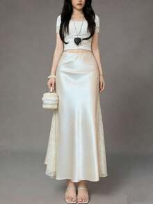 女士优雅夏季缎面A字裙，法式蕾丝拼接缎面派对连衣裙，高腰修身裙，适合日常穿着，四季皆宜 - 杏色 - 查看 5