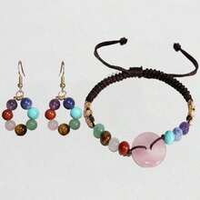 1 Set 7 Chakra Bracelet Earrings Set Natural Stone Beaded Woven Healing Female Spiritual Bracelet Bohemian Style Healing Crystal Meditation Relaxation Female Anxiety Jewelry Gift Suitable For Daily Wear - Bracelet Set - View 1