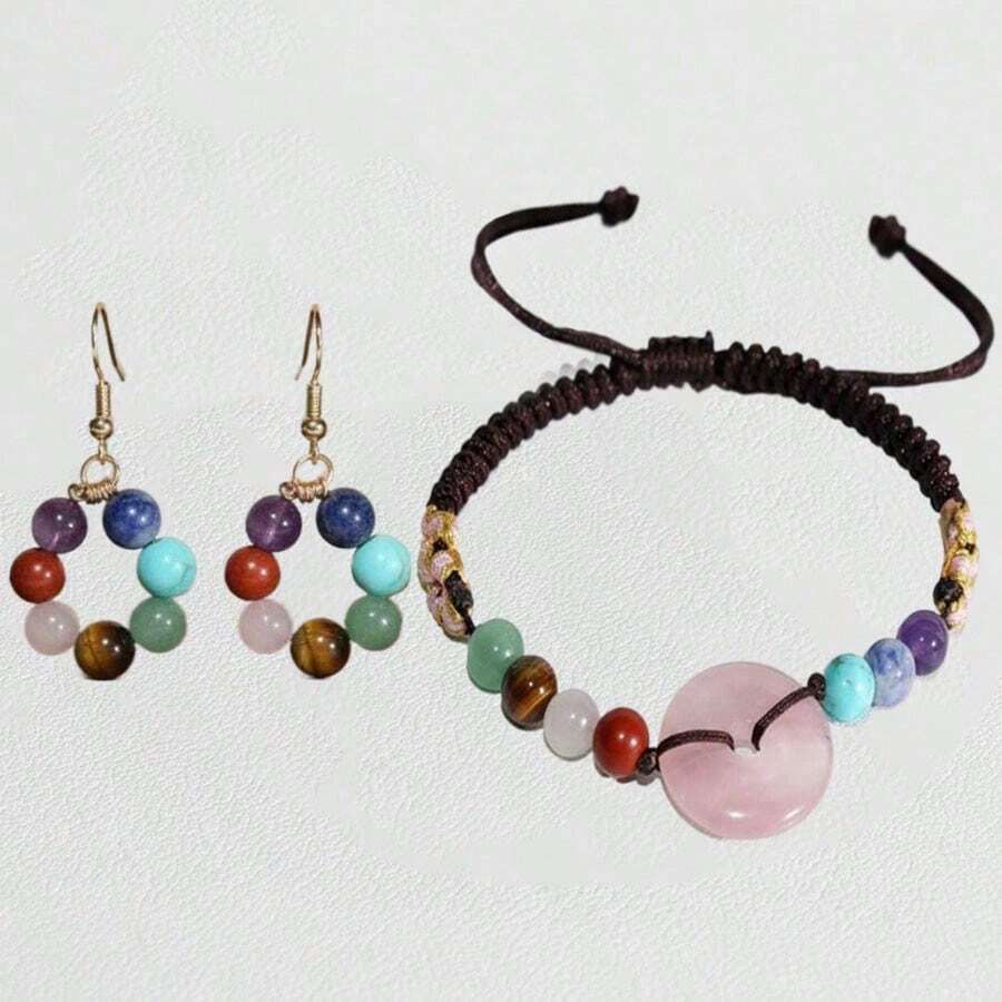 1 Set 7 Chakra Bracelet Earrings Set Natural Stone Beaded Woven Healing Female Spiritual Bracelet Bohemian Style Healing Crystal Meditation Relaxation Female Anxiety Jewelry Gift Suitable For Daily Wear - Bracelet Set - View 1