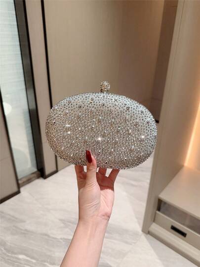 1pc Moonlit Eve Bag, Women's Fashion Full Crystal Rhinestone Luxury Shiny Box-Shaped Clutch, Suitable For Weddings, Celebrations And Formal Occasions, Handbag, Party Bag, High-End Quality Chain Shoulder/Crossbody Strap