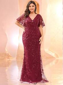 EVERPRETTY Plus Ruffle Sleeve V-Neck Floral Sequin Mermaid Burgundy Formal Dress, Evening Dress For Dinner, Valentine's Day Party Dress, Spring Wedding Guest Dress, Formal Dresses - Burgundy - View 8