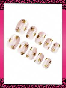 24pcs Short Oval Festival Press On Nails, Minimalist Style Gold Star Nude Short Nails Full Cover Glossy False Nails Set, Include: 1pc Jelly Glue And 1pc Nail File, Easy To Wear Daily Fake Nails Manicure Nails Press On Art For Women And Girls Daily Life Nail Supplies - Multicolor - View 3