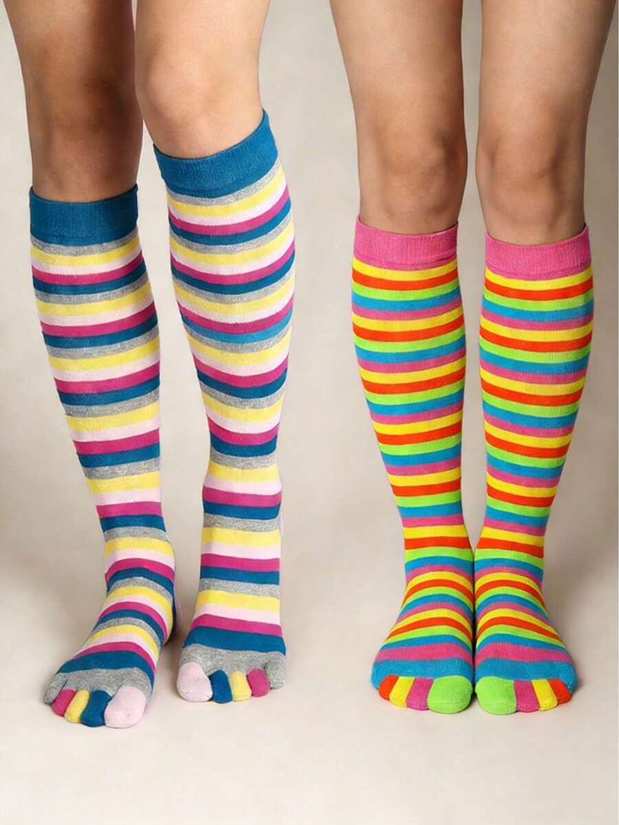 2 Pairs Women's Rainbow Toe Socks, Knee High Toe Socks, Striped Knee Socks, Mid-Calf Socks, Calf Socks - Multicolor - View 1