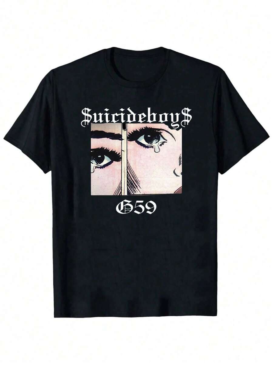 Suicideboy Men's Graphic T-Shirt - Black Casual Streetwear Tee,Tear-Effect Face Design, Round Neck Short Sleeve Summer Top, Machine Washable, Men's And Women's Sports Leisure Tee, T Shirts For Men's And Women's Graphic Tee Lightweight Breathable 100%Cotton Tee -  Regular Fit Round Neck Casual Casual Attire - , Casual Shortsleeved Round Neck Top, Mediumstretch Fabric, Comfortable Fit For All Seasons, Tshirt With Unique Pattern , Relaxed Fit, Casual Wear - Black 4 - View 1
