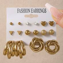 CIZME 6-9对/套 简约金色金属耳环套装，锆石珍珠耳环套装，粗款C形耳环和心形耳钉，斋月派对极简主义首饰 - 金色 - 查看 3