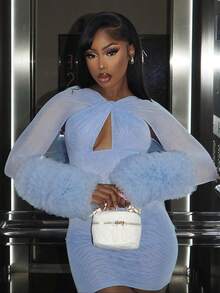 Vestidos Elegantes De Mujer Vestidos Dresses For Women Formal Dresses For Women Elegant Prom Dresses Formal Dresses For Women Formal Gowns For Women Evening Elegant New Years Outfit Women Net Fabric Cross-Hatched Open-Padded Sleeve Fitted Bust-Line Continuous Dress For Women - 藍色 - 查看 1