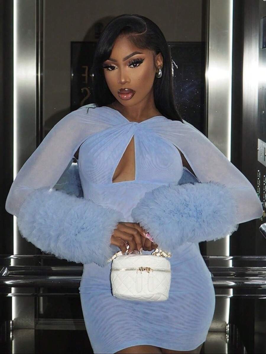 Vestidos Elegantes De Mujer Vestidos Dresses For Women Formal Dresses For Women Elegant Prom Dresses Formal Dresses For Women Formal Gowns For Women Evening Elegant New Years Outfit Women Net Fabric Cross-Hatched Open-Padded Sleeve Fitted Bust-Line Continuous Dress For Women - 藍色 - 查看 1