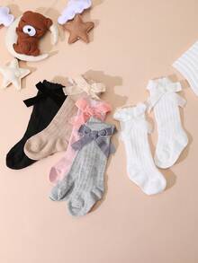 5 Pairs Baby Bow & Striped Pattern Knee High Socks, Suitable For Spring And Autumn - Multicolor - View 6