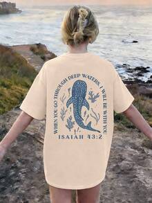Teenage Girls' Ocean Creature & Slogan Print Round Neck T-Shirt, Casual Summer Top - Apricot - View 1