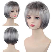 Short Gray Bob Wig With Bangs For White Women 10 Inch Layered Mix Gretraight Bob Wig Chin Length Salt And Pepper Wigs For Women Synthetic Natural Looking Daily Party Wig,38547124 - 無色 - 查看 1