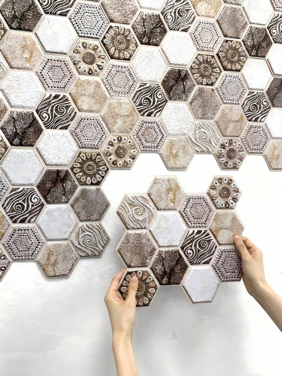 1/10 szt. samoprzylepna naklejka ścienna 3D w stylu boho, brązowe sześciokątne panele ścienne, geometryczne płytki samoprzylepne, gruba konstrukcja, wodoodporna, odporna na ciepło, do łazienki, kuchni, salonu, wystroju sypialni - Brązowy - Zobacz 1