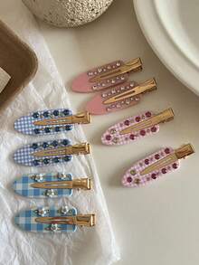 2/4pcs Pink And Blue Fresh Checkered Hair Clip With Rhinestone Embellishment, No Trace Clip, Hair Edge Clip Suitable For Women's Face Washing And Makeup, Already Worn Daily, Head Accessories, Party, Hair Accessories For Women, Claw Clips, Hair Slide, Hair Barrettes - Multicolor - View 1