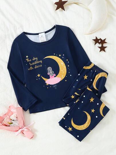 2pcs/Set Young Girl Cute Girl Sitting On Moon Print Comfortable Long Sleeve Pants Pajama Set, Navy Blue