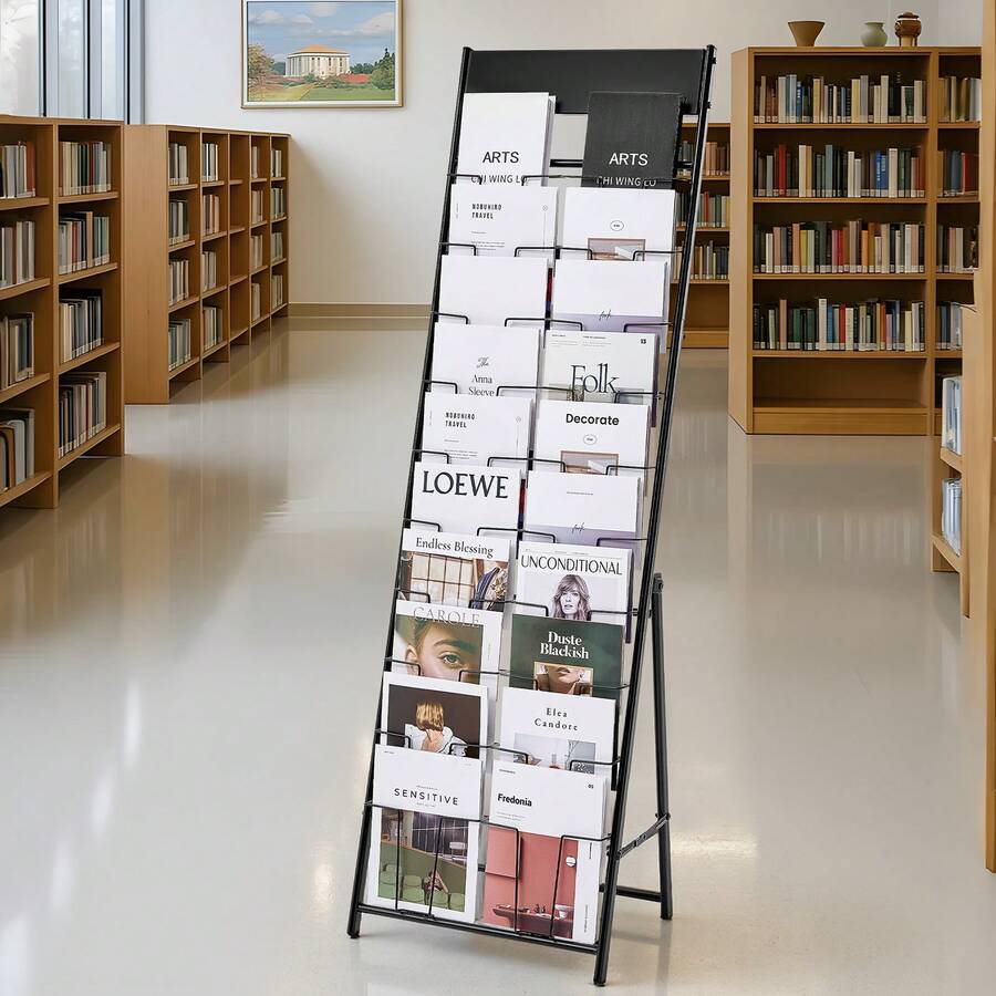 Brochure Display Rack, 20 Pockets Magazine Literature Display Stand, Portable Floor Standing Magazine Rack, Metal Newspaper Catalog Holders For Shop, Exhibitions, Office, Trade Show, Black - Loại tiêu chuẩn 20 khe cắm - Xem 1