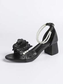 Sandalias de tacón grueso con tira de tobillo, decoración de flores y perlas, estilo chic francés, sandalias de tacón alto negro para el verano - Negro - Ver 6