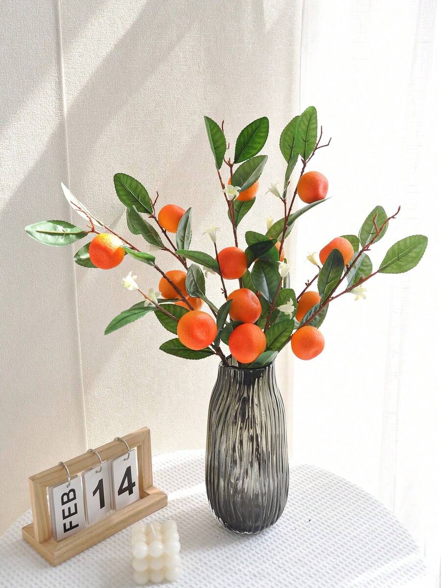 1支/4支/6支人造橙枝，金色橙枝，逼真仿真水果道具，带绿叶，可用于花瓶装饰、秋季装饰