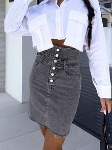 Happy Girl Casual High Waist Button Decor Elegant Romantic Fitted Denim Mini Skirt, Versatile For Spring/Summer - Grey - View 8