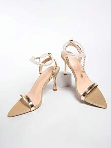 European & American Style Rhinestone Buckle Stiletto Heel Open Toe Sandals For Women - Gold - View 6