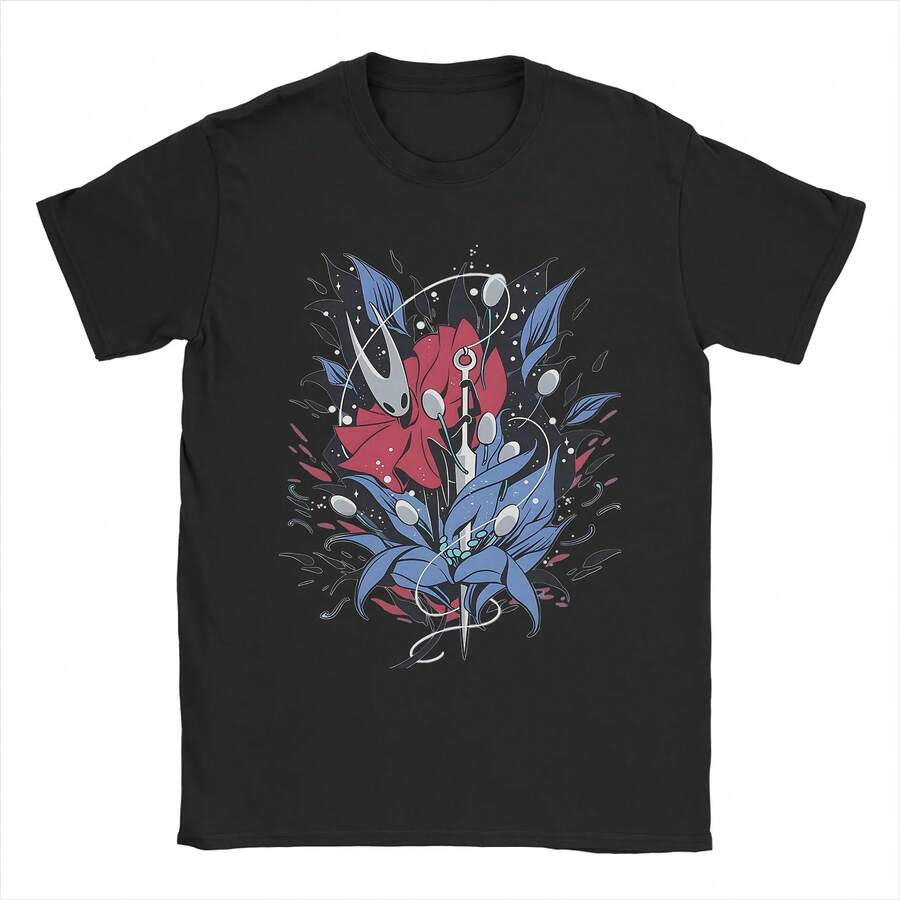 Game Hollow Knight Silksong T Shirt For Men Pure Cotton Novelty T-Shirt Crew Neck Tees Short Sleeve Clothes Plus Size - 黑色 - 查看 1