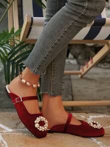 女士水钻方头玛丽珍拖鞋，休闲一脚蹬凉鞋，百搭优雅，春夏款 - 紅色 - 查看 4