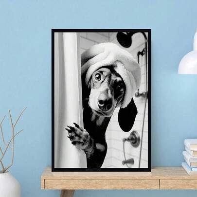 Dachshund Bathroom Wall Art - Playful Dog Peeking Through Shower Curtain Decorative Painting, Frameless Black And White Humorous Design, Suitable For Bathroom Or Home Decor, Home Wall Art | Black And White Decor | Frameless Wall Art