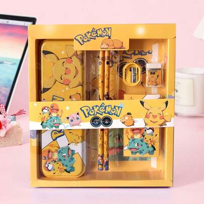 pokemon Pokémon brevpapper presentset, gränsöverskridande Pikachu brevpapper set, studentbelöningsgåva, officiellt licensierad Pokémon Pikachu tecknad figur stil brevpapper presentask set, inklusive pennor, anteckningsbok, pennvässare, pennfodral, linjal och suddgummi, kritor