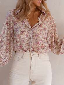 Áo sơ mi nữ dài tay in họa tiết, cài cúc phía trước, chất liệu polyester, có cổ và tay áo kiểu tay phồng, dáng suông, hơi mỏng, màu hồng nhạt, thích hợp cho kỳ nghỉ xuân. - Hồng - Xem 4