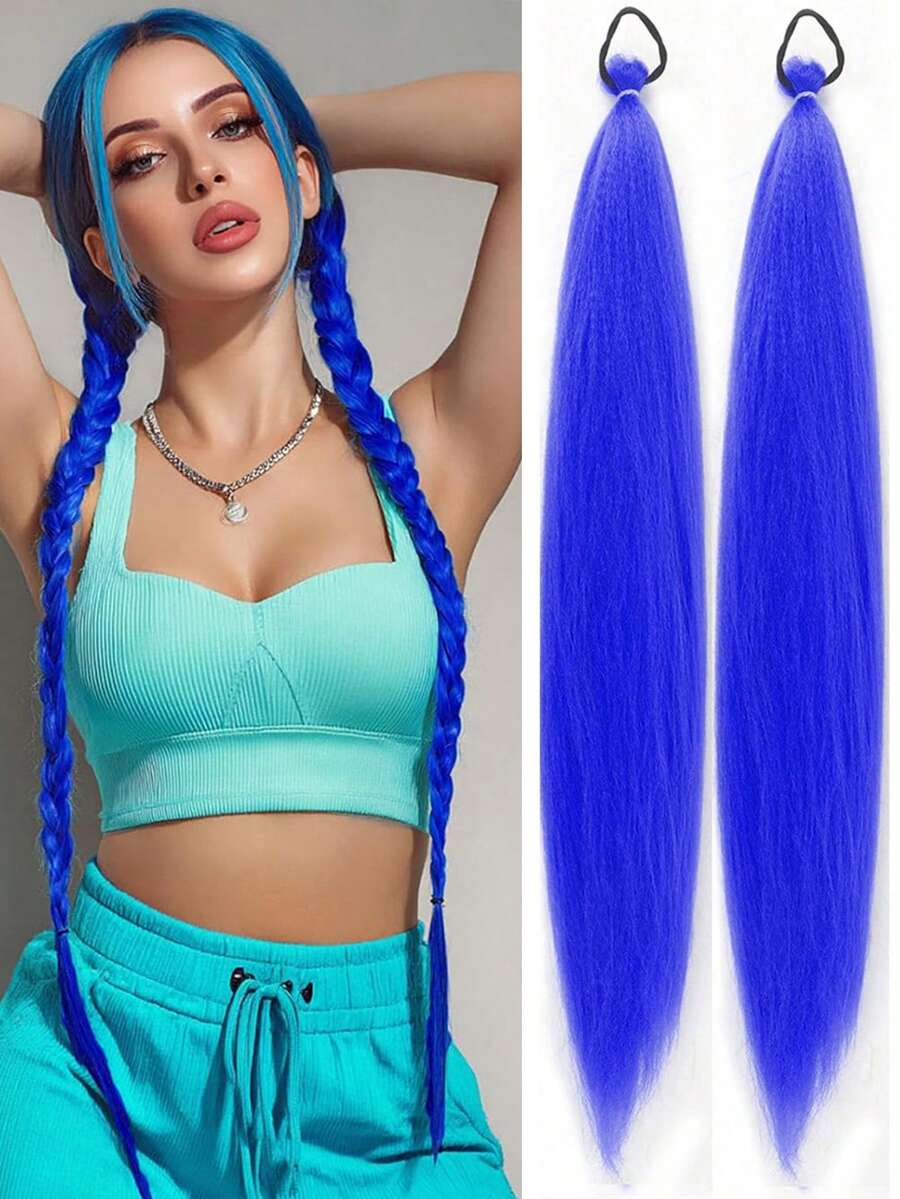 1-2pcs 26 Inch Blue DIY Braiding Hair Extensions | Women Synthetic Yaki Straight Heat Resistant Fluffy Ponytail | Suitable For Halloween, Christmas, Holiday Parties